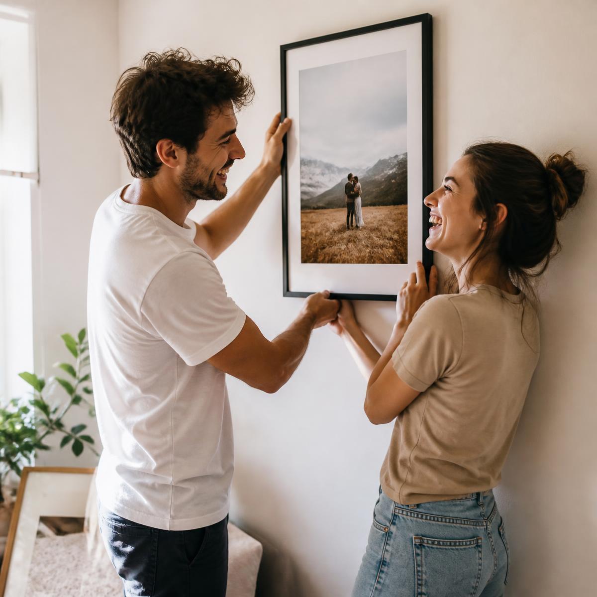 A couple holding their freshly printed travel poster